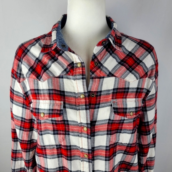 Jachs Girlfriend red white check print plaid snap top - Picture 2 of 9